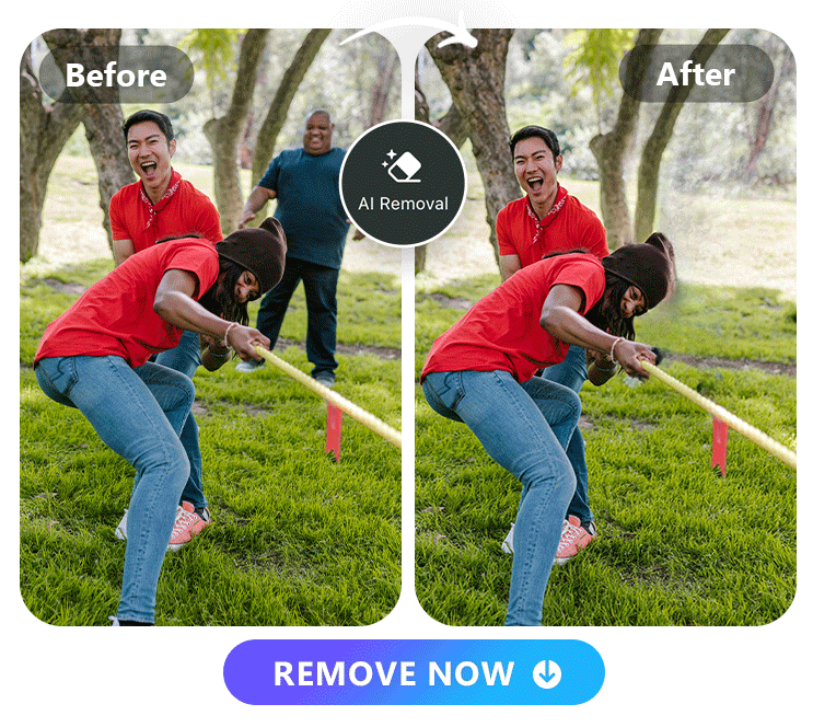 an original photo of two people playing tug of war and a photobomber standing at back and the photobomber removed photo edited by PhotoDirector